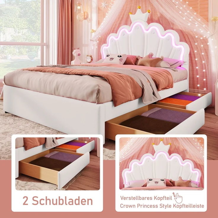 Polsterbett, 140 x 200 cm, Ohne Matratze, Ferngesteuertes Ambientelicht, Bett mit 2 Schubladen, Prinzessinnenbett in Kronenform, Verstellbares Kopfteil, PU, Weiß – Bild 2