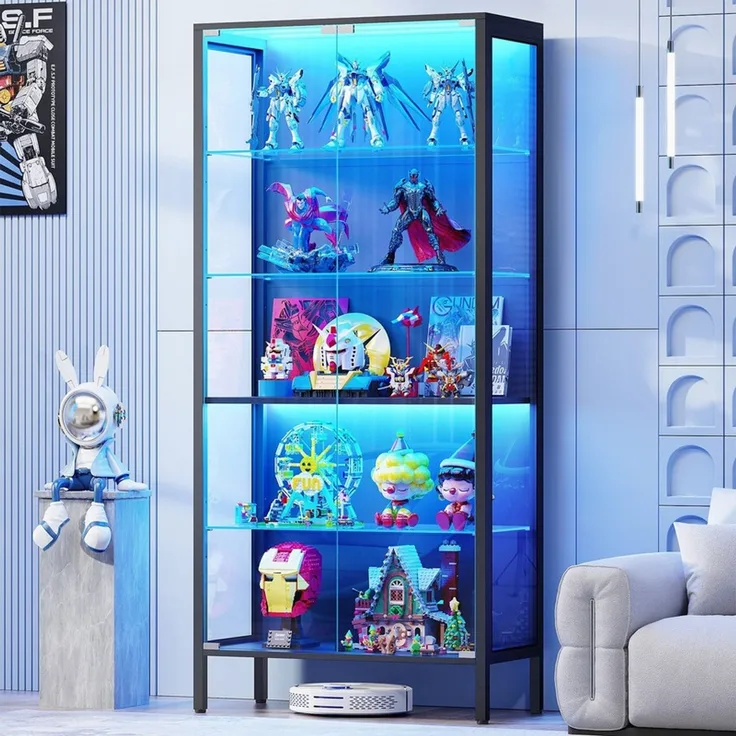 Glasvitrine 75x35x162.5 cm, 5-stöckige Vitrine mit LED-Beleuchtung, verstellbaren Glasböden und Sensor, Schwarz