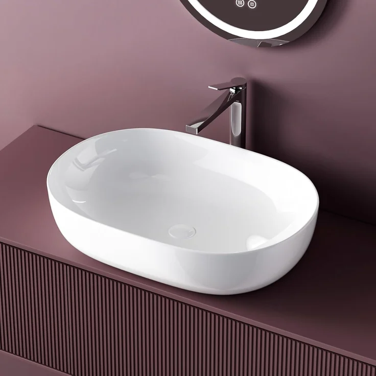 EMKE Waschbecken – Aufsatzwaschbecken Oval, 60 x 41 x 13 cm, Weiß, Kratzfest Waschbecken Bad, Leicht zu Installieren & Reinigen, Waschtisch für Bad & Gäste-WC – Bild 1