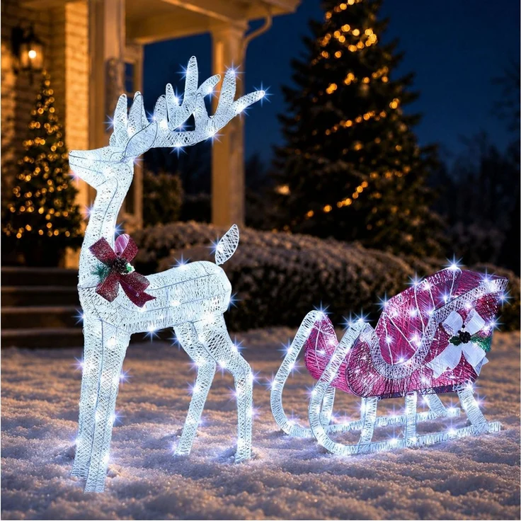 LALAHO Weihnachtsfigur LED Rentier mit Schlitten Weihnachtsbeleuchtung, mit 180 LEDs, Rentier Weihnachten Deko für Außen und Innen – Bild 2
