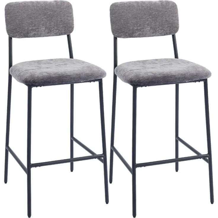 2er-Set Barstühle, gepolsterte Hochstühle für Küchentheke, Hausbar, Rückenlehne, Fußstütze, Stoffbezug, Stahl, Grau--Grau--48x45.5x101cm--YOUDENOVA
