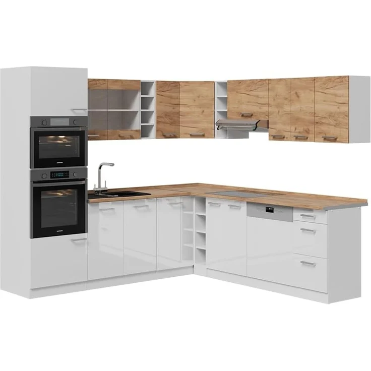 Eckküche R-Line Goldkraft Eiche/Weiß 247 x 60 cm zweifarbige Schränke, AP Eiche Vicco – Bild 1