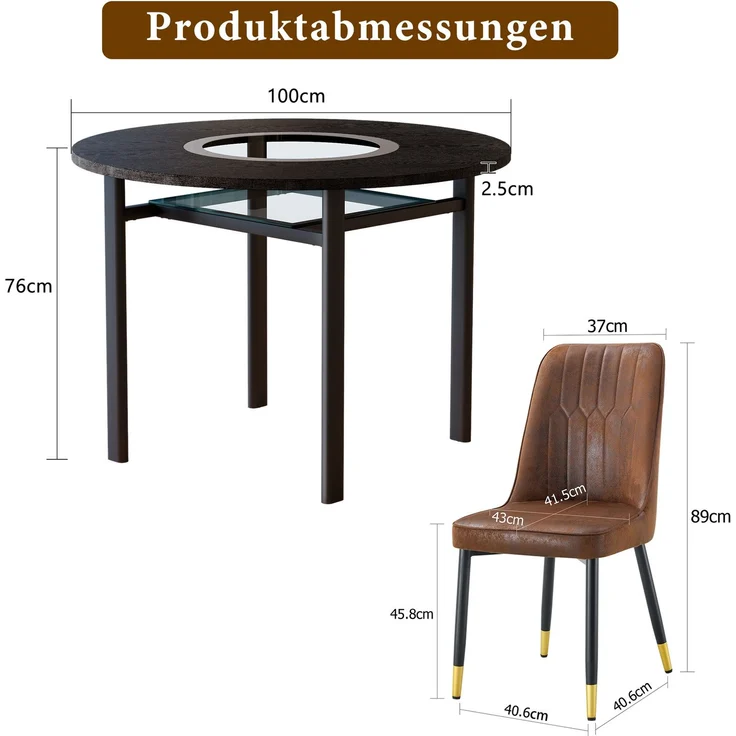Esstisch-Set 76x100x100 cm Braun/Schwarz mit Glasintarsie, MDF-Tisch und 2 Stühlen – Bild 5
