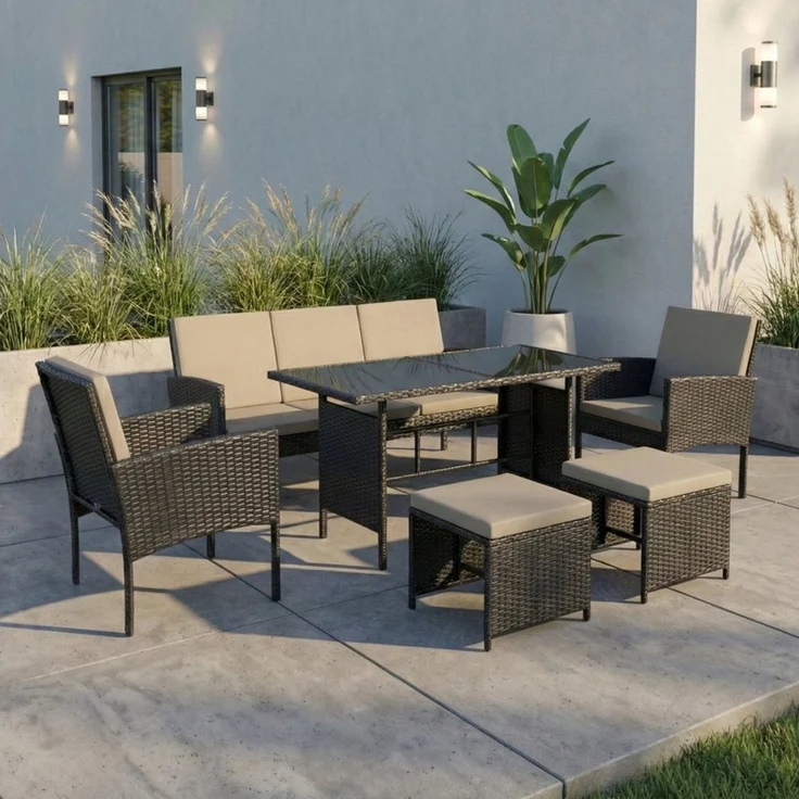 Home Collective Gartenlounge-Set Gartenmöbel Set 7-Sitzer Outdoor Sitzgruppe Möbel Lounge Polyrattan, (inkl. Esstisch mit gehärteter Glasplatte), 3-Sitzer Sofa, 2 Stühle, 2 Hocker Polyrattan Schwarz graue Kissen – Bild 5