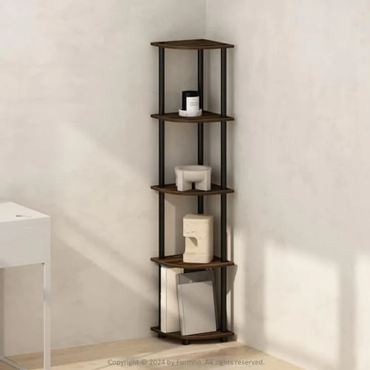 Furinno Eckregal mit 5 Ebenen, Mehrzweckregal, Holz, Columbia Walnut/Schwarz, 29. 46x29. 46x146. 56 cm – Bild 3