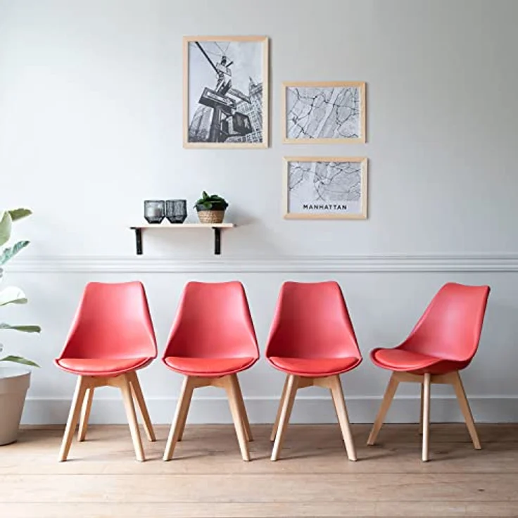 Happy Garden 4er Set Esszimmerstühlen im skandinavischen Stil Nora rot mit Kissen, Küchenstühle, gepolsterte Stühle, Beine aus massivem Buchenholz – Bild 3