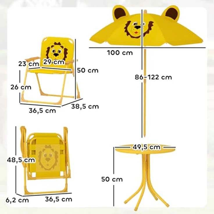 AIYAPLAY Garten-Kindersitzgruppe Kindersitzgarnitur mit höhenverstellbarem Sonnenschirm, (Gartentisch, 2 Klappstühle, 4-tlg, Löwen-Design für 2-5 Jahre Kinder), Gelb – Bild 8