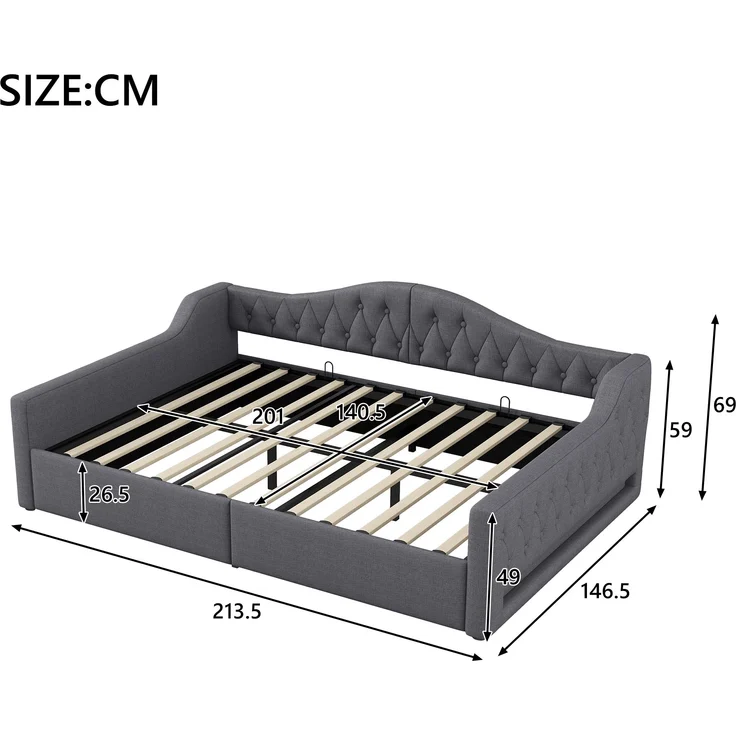 Tagesbett 140x200 cm mit LED-Beleuchtung & Stauraum, ohne Matratze, Leinen Grau – Bild 10