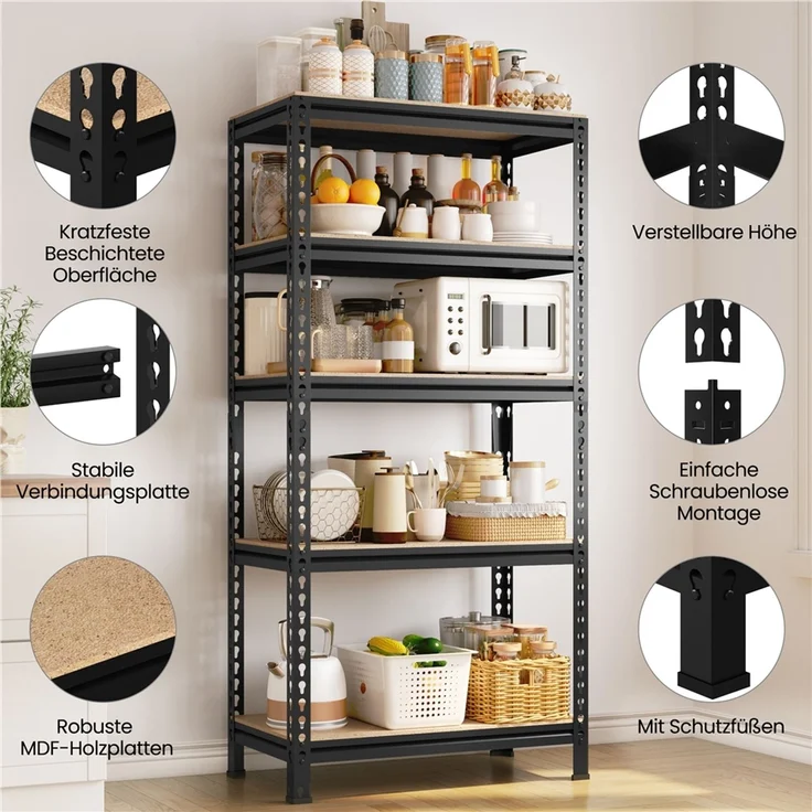 Yaheetech Standregal, Schwerlastregal Lagerregale Kellerregal, 5 verstellbare Ablagen, Stahl Schwarz, 150 x 30 x 70 cm – Bild 6