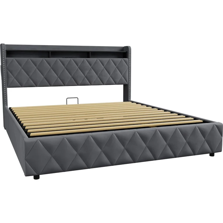 Polsterbett 180x200 cm mit hydraulischem Stauraum, LED und USB-Anschlüssen, Dunkelgrau – Ohne Matratze – Bild 7