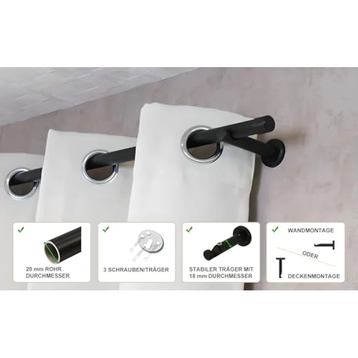 iso-design Gardinenstange 20 mm Schwarz Endstück Kappe Wand- oder Deckenmontage, Ø 20 mm, 1-läufig, Fixmaß, Metall – Bild 3