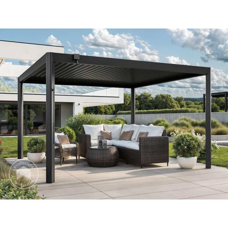 PRIMEYARD Pergola 4x4 m - Pfosten und Lamellendach aus Aluminium - anthrazitfarbene Terrassenüberdachung