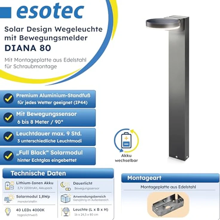 Esotec Solar PIR Standleuchte Diana 80, Aluminium Standfuß, Li-Ion Akku, 40 LEDs, Bewegungsmelder, schwarz, wetterfest, H=80cm – Bild 2