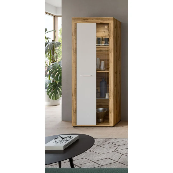 xonox. home Wohnen Jam X8BK6T10 Vitrine Glasvitrine Dekoschrank Glas-Kommode in Wotan Eiche Melamin und weiß Melamin, ca. B/H/T: 60 x 159 x 35 cm – Bild 6