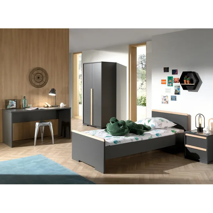 London Set 4-tlg Einzelbett Nachtkonsole Kleiderschrank Schreibtisch Anthrazit