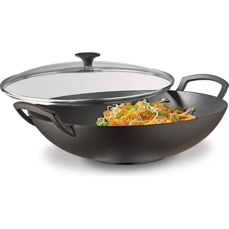 Wok-Set, Gusseisen, mit Glasdeckel, 35 cm