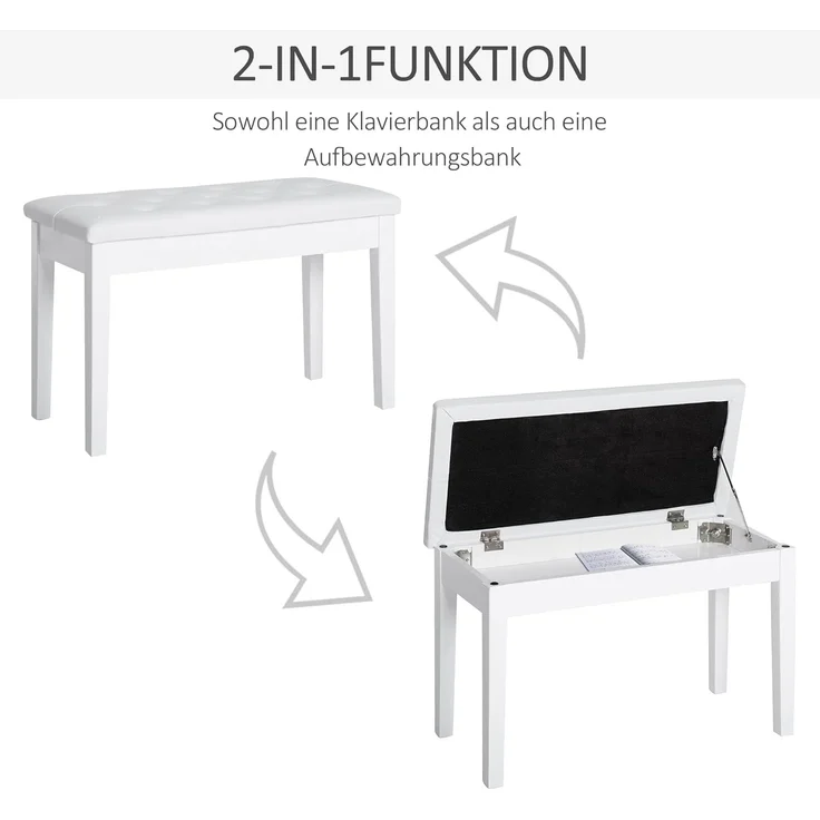 HOMCOM Klavierbank traditionellen Flurbank im Landhausstil kosmetischer Hocker Stauraum (Hocker, 1-St, Klavierhocker), Gummiholz, Kunstleder, Weiß, 76 x 36 x 50 cm – Bild 4