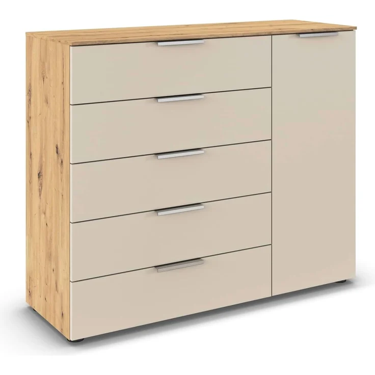 Rauch Möbel Flipp, Kommode für Schlafzimmer, Kinderzimmer, Wohnzimmer, Jugendzimmer, Flur, Garderobe, 1-türig, 5 Schubladen, mit Softclose-Funktion, Farbe Eiche Artisan, Holz/Beige, Breite 120 cm – Bild 1