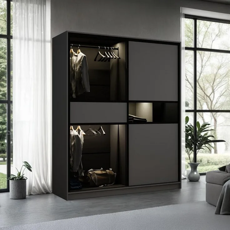 Compleo Schwebetürenschrank modern, Elegant Garderobe, Getöntes Glas LED-Beleuchtung