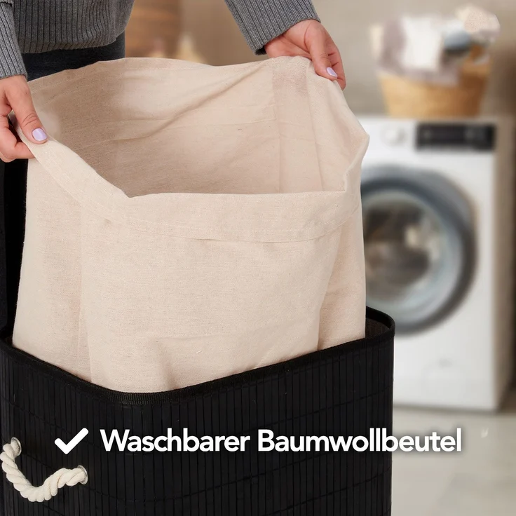 Brixy Wäschekorb mit Deckel Schwarz - Bambus - Waschbarer Wäschesack aus Baumwolle - Griffe - 72 Liter - Schwarz – Bild 4