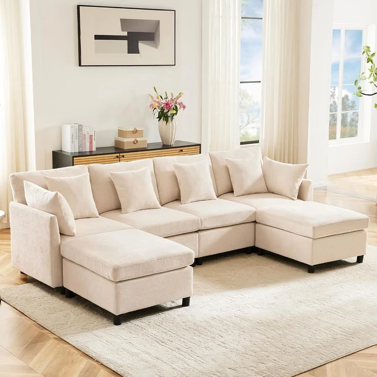 Ball & Cast U-förmiges Eckcouch mit Schlaffunktion, 4-Sitzer Sofa mit 2 Fußhocker für das Wohnzimmer Wohnung Villa, 278 x 81 x 161 (BxHxT), Beige – Bild 5