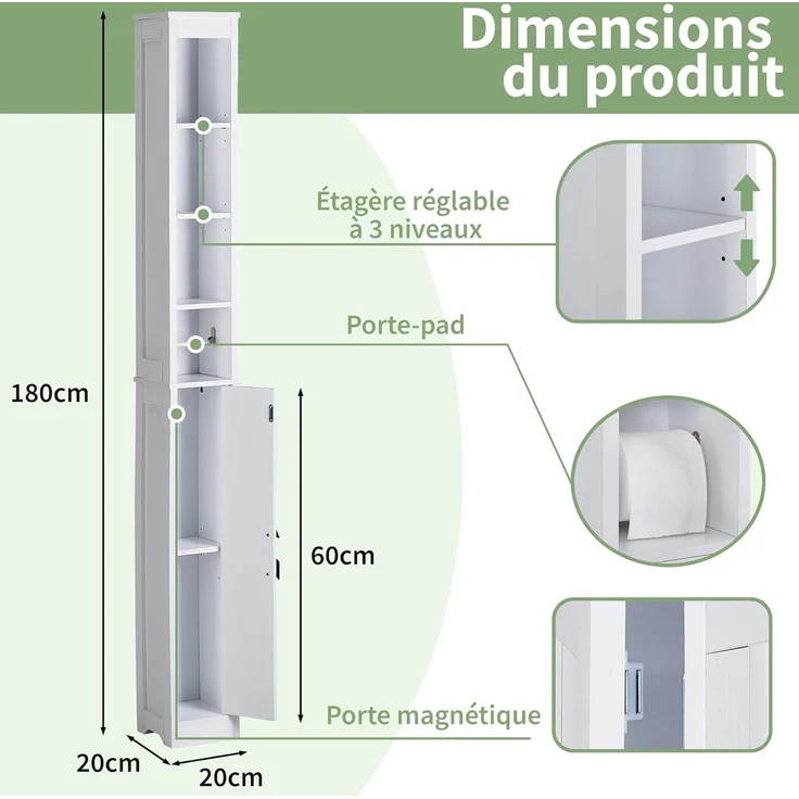 VECELO Badezimmerschrank, hoch, mit verstellbaren Regalen und offenen Fächern, mit integriertem Toilettenpapierhalter, 20 x 20 x 180 cm, Weiß – Bild 3