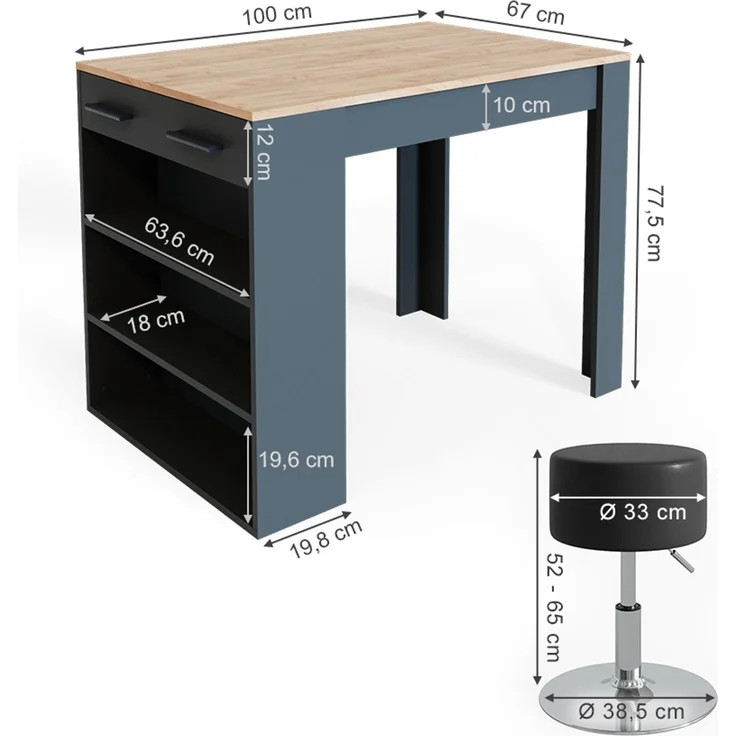 Esstisch-Set Repose Anthrazit/Goldkraft Eiche 67 x 100 cm mit 2 Hockern Vicco – Bild 3