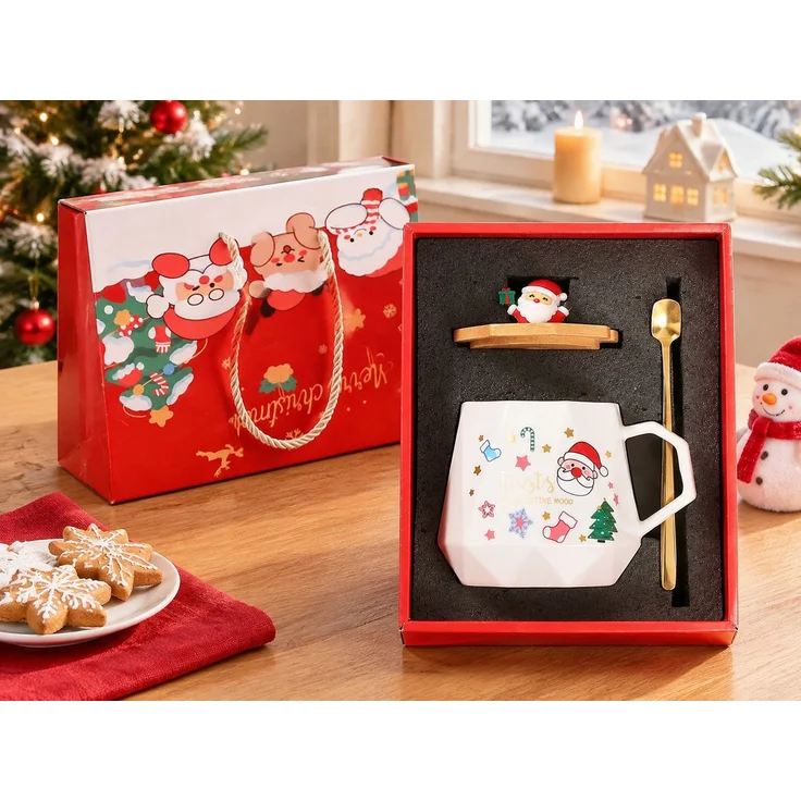 Weihnachts-Kaffeetasse Geschenkset aus Keramik mit Deckel und Löffel Weihnachtsmann Motiv in Geschenkbox Rot 28 x 16 x 23 cm – Bild 2