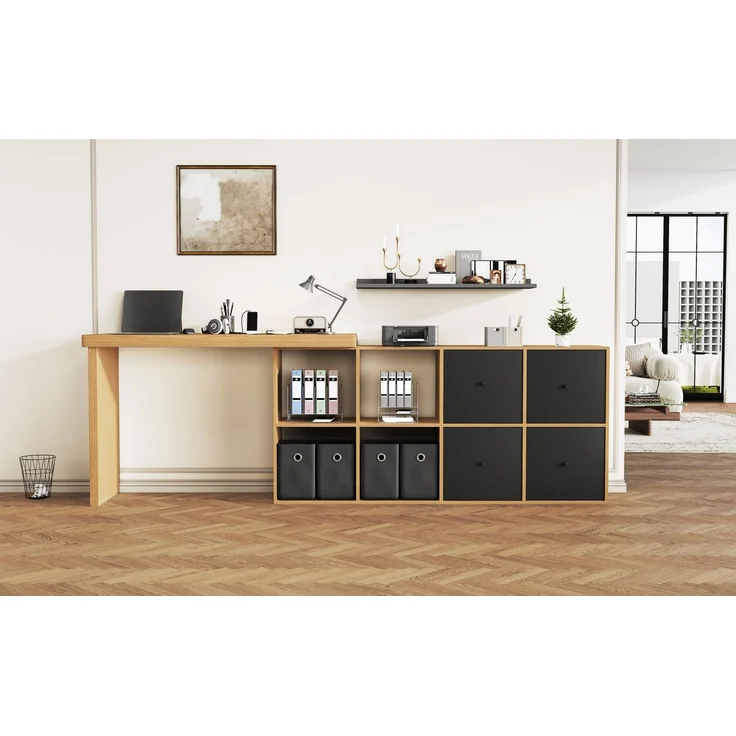 Schreibtisch aus MDF, 360° drehbar mit 8 Fächern, 120x48x78 cm, Schwarz/Eiche – Bild 2