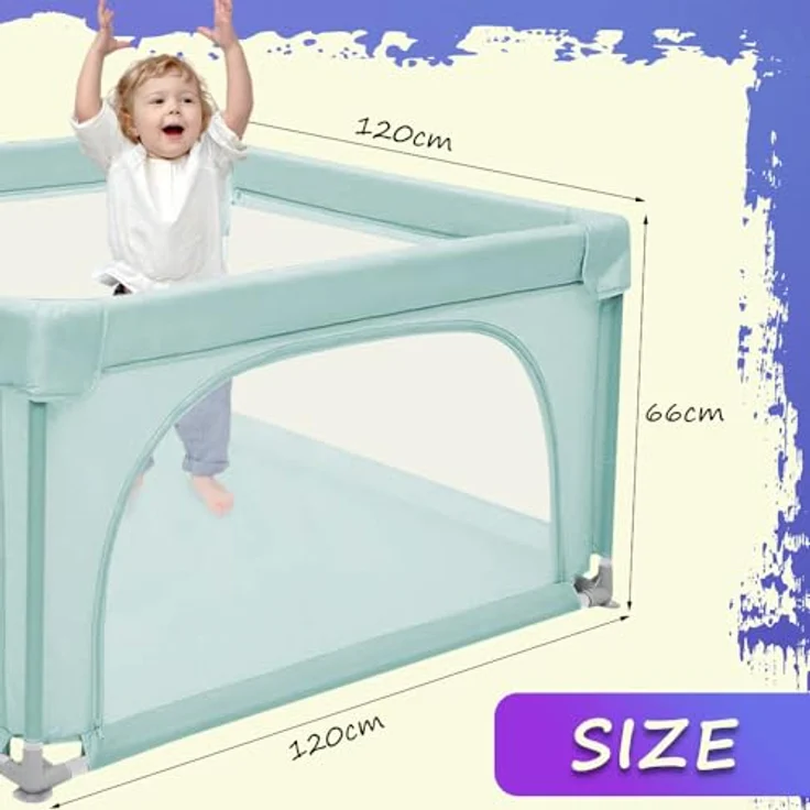 Baby Laufstall, Laufgitter klappbar, Ein-Knopf-Faltung & Sicherheitsschlössern, Krabbelgitter mit Netz & Reißverschluss, Laufgitterzelt für Kleinkinder,120 * 120 * 66cm – dunkelgrün – Bild 3