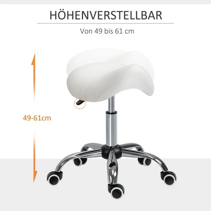 HOMCOM Rollsitz höhenverstellbarer Sattelhocker Drehstuhl Drehhocker (Kosmetikhocker, 1 St, Arbeitshocker), Weiß 52 x 53 x 49-61 cm – Bild 3