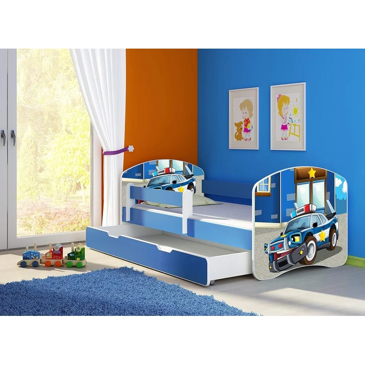 ACMA Kinderbett Jugendbett mit Einer Schublade und Matratze Blau mit Rausfallschutz Lattenrost II 140x70 160x80 180x80 (38 Polizei, 180x80 + Bettkasten) – Bild 2