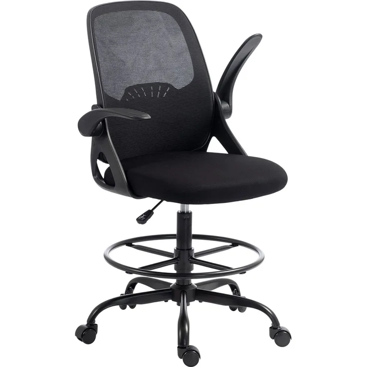 MELAYR, Zeichenstuhl mit verstellbarer Lendenstütze, Drehfunktion, Netzbezug, 65 x 59 x 124 cm, Schwarz