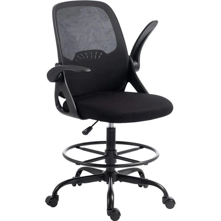MELAYR, Zeichenstuhl mit verstellbarer Lendenstütze, Drehfunktion, Netzbezug, 65 x 59 x 124 cm, Schwarz – Bild 1