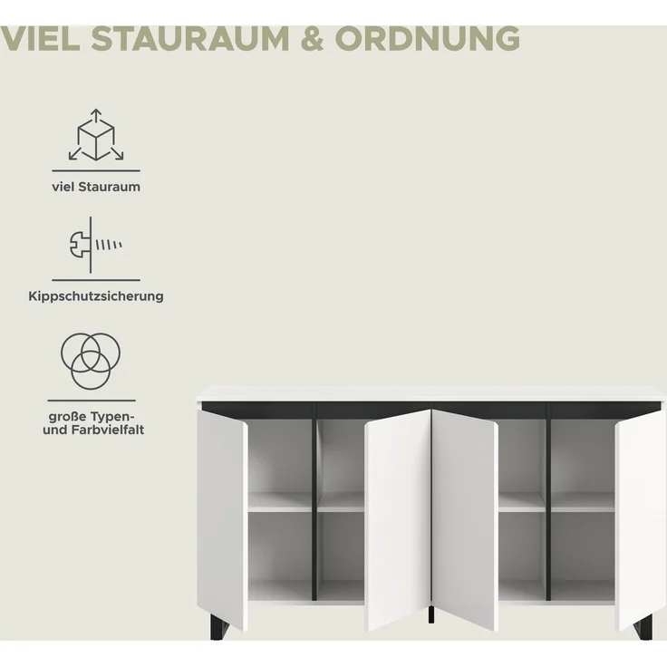 Sideboard B/H/T: 160x84x36 cm in weiß Melamin und schwarz – Bild 8