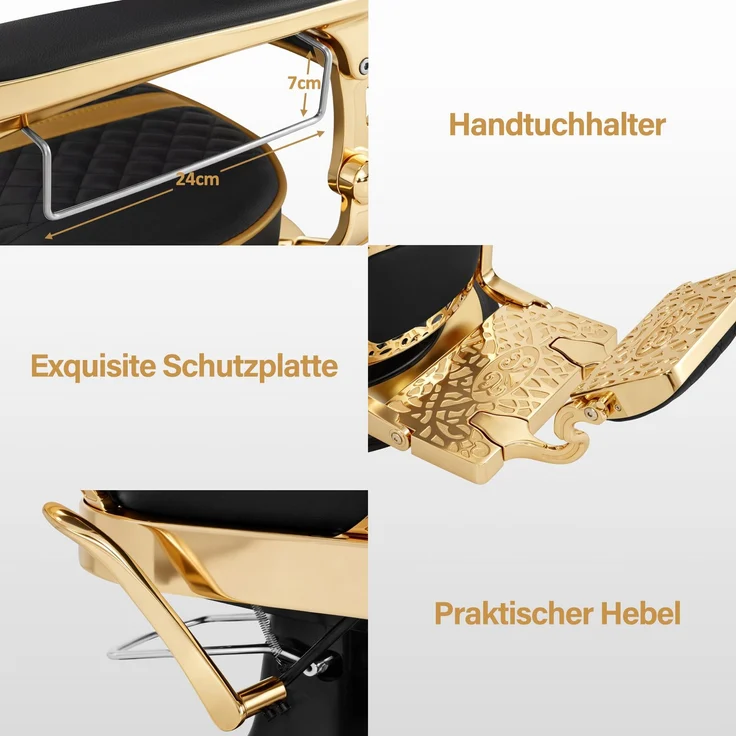 Barberpub Friseurstuhl mit Kopfstütze Kippbar, Friseureinrichtung mit Hydraulikpumpe 360° Drehbar, Höhenverstellbarer Bedienungsstuhl mit Vintage Stil, Barber Stuhl Kunstleder, 2965 (Gold-Schwarz) – Bild 5