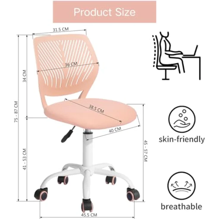 FurnitureR Teenage, Height Adjustable Armless Task, Colourful Study for Home and Computer, Ergonomic & Swivel Office, 40,5 x 44 x 87 cm, Rosa, Metall, 44 x 40 x 87 cm – Bild 2