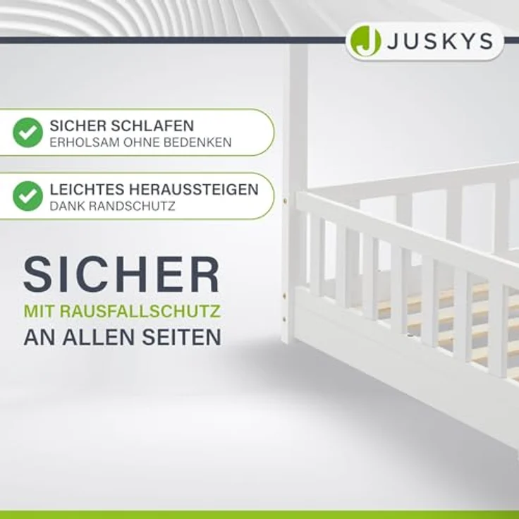 Juskys Kinderbett Marli 90 x 200 cm mit Matratze, Rausfallschutz, Lattenrost & Dach - Massivholz Hausbett für Kinder - Bett in Weiß – Bild 6