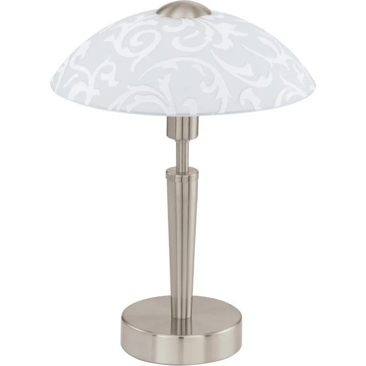 Eglo 91238 Tischleuchte SOLO Stahl nickel-matt, Glas satiniert, weiss m. Dekor E14 max. 1X60W H:32cm Ø26,5cm mit Touchdimmer