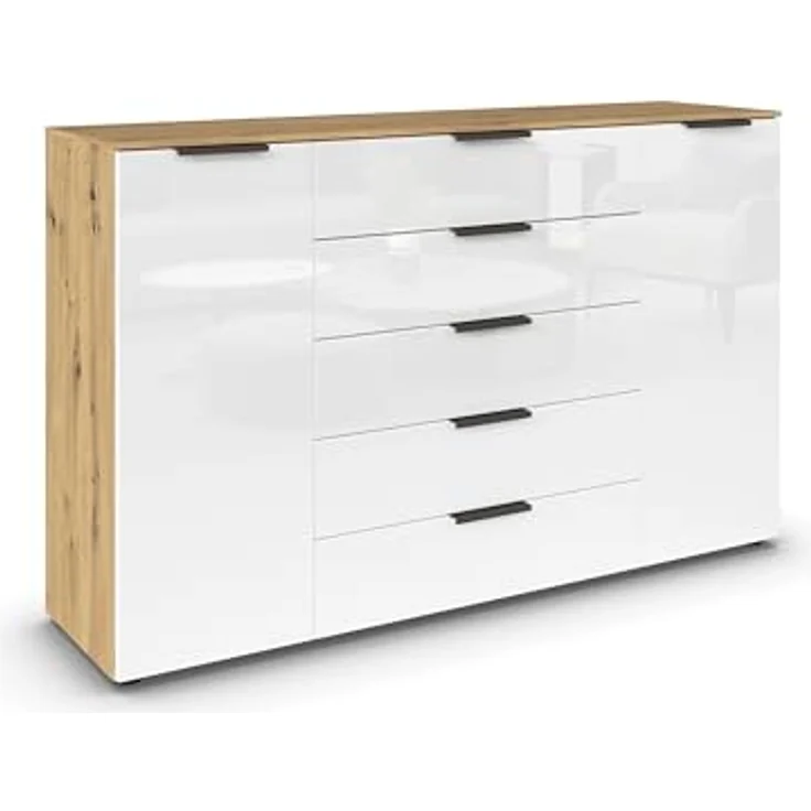 Rauch Möbel Flipp, Kombikommode, Kommode mit Stauraum für Wohnzimmer, Schlafzimmer, Flur, 4 Fachböden, Eiche Artisan/Glasfront Weiß, 2-türig, Glastüren, 5 Schubkästen, Griffe graphit, 160 x 100 x 42 cm – Bild 2