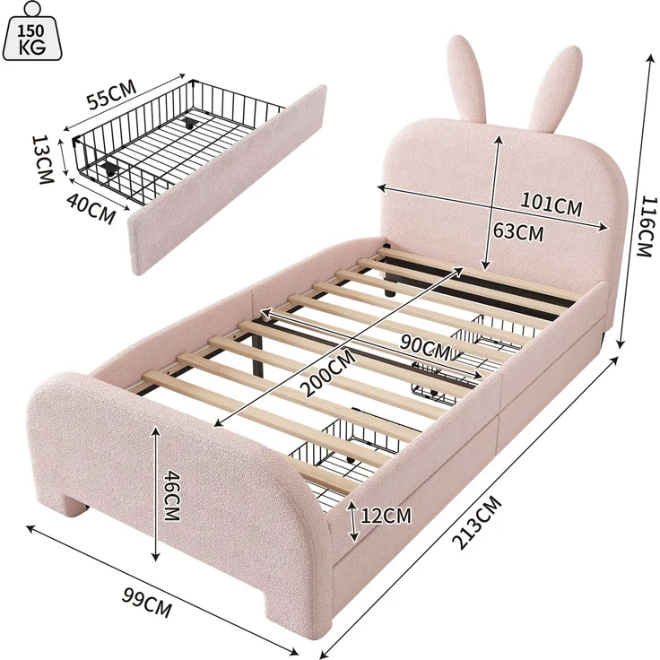 Kinderbett 90x200 Rosa mit Kaninchen-Kopfteil und 2 Schubladen,Gepolstertes Bett aus Lammwolle und MDF, Cartoon Bunny Design – Bild 5