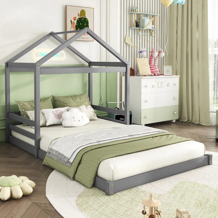 Hausbett 140x200 cm für Kinder, Kinderbett in Hausform mit Lattenrost,modernes Montessori Bett,stabiles Holzhausbett, Grau
