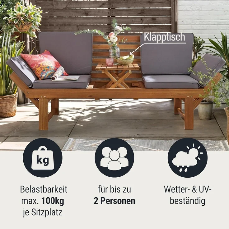 Wohnando Sitzbank Gartenbank "Monte" 202x 67x87cm (BxTxH), massives Akazienholz, FSC (1-St), braun, graue Sitzauflage, ausklappbarer Tisch, umklappbare Seitenteile – Bild 2