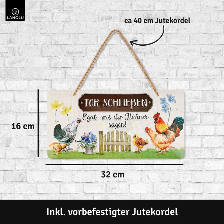 LANOLU Blechschild Tor Schließen Huhn - 16x32cm – Metall – Weiß – 16104 – Bild 3