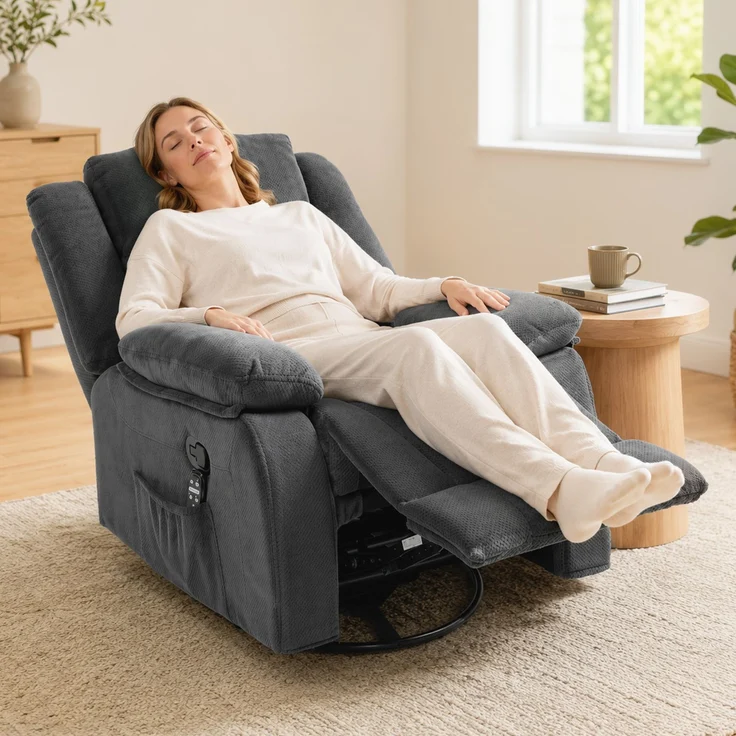 Wohnora-Relaxsessel mit Vibrationsmassage und Wärme, manuell verstellbarer Drehsessel mit Schaukelfunktion und Taschenfederkern, Grau,H 1020cm x T 920cm x B 920cm – Bild 2