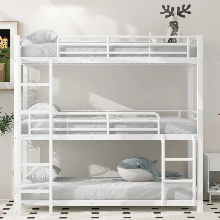 EINHOM 90 x 200 cm Bettgestell Metallbett, Etagenbett, Eisenbett, Dreifach-Etagenbett für Kinder, Jugendliche und Erwachsene, Weiß (Ohne Matratze) – Bild 4