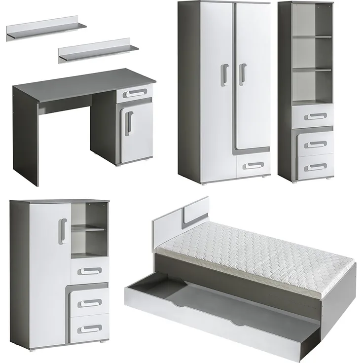 Jugendzimmer-Set Apetito 7-teilig mit Bett und Keiderschrank anthrazit weiß