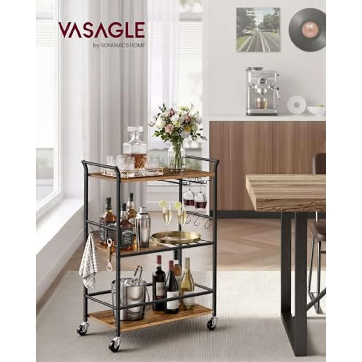 VASAGLE Servierwagen, Küchenwagen, abnehmbares Tablett, mit verstellbaren Füßen und Rollen, Küchenregal, Stahlrahmen, 64,5 x 32 x 85,5 cm, Industrie-Design, vintagebraun-schwarz LRC200K101 – Bild 2