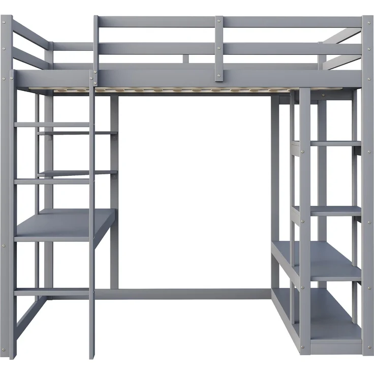 Hochbett 140x200 cm mit Schreibtisch und Stauraum,Kinder- & Jugendbett aus Massivholz,Leiter & Regale,Grau – Bild 10