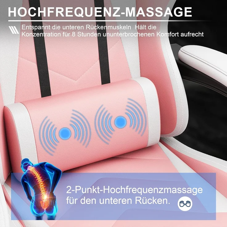 Devoko Massage Gaming Stuhl, Computer Bürostuhl mit Fußstütze, Racing Gamer Stuhl 150kg Belastbarkeit, 90-135° Rückenlehne einstellbar Ergonomischer PC Stuhl, 360° drehbar, Rosa – Bild 5